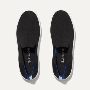Rothy's Black Knit Slip-On Sneakers with Blue Trim